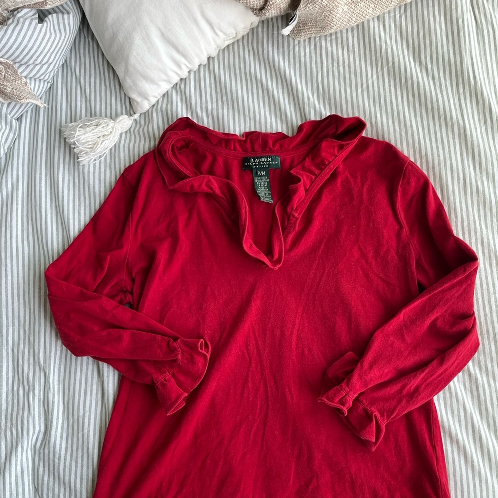 Lauren Ralph Lauren Red Ruffled Frilly V-Neck Long Sleeve Top
